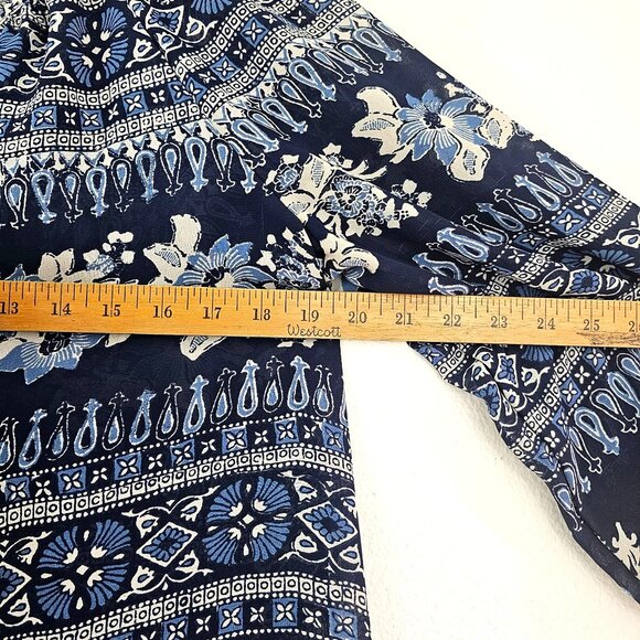 American Li  Women XL Navy Blue Floral Mosaic Semi Sheer Peasant Top Boho Blouse - Picture 4 of 9